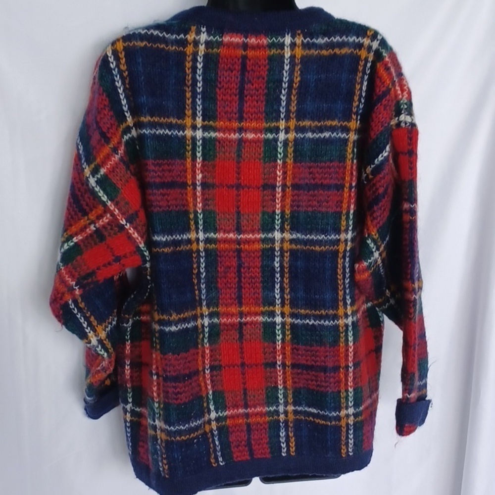 Vintage Cape Isle Plaid Mohair Blend Knit Cardigan - Navy / Red green, 24”PTP - Picture 3 of 8